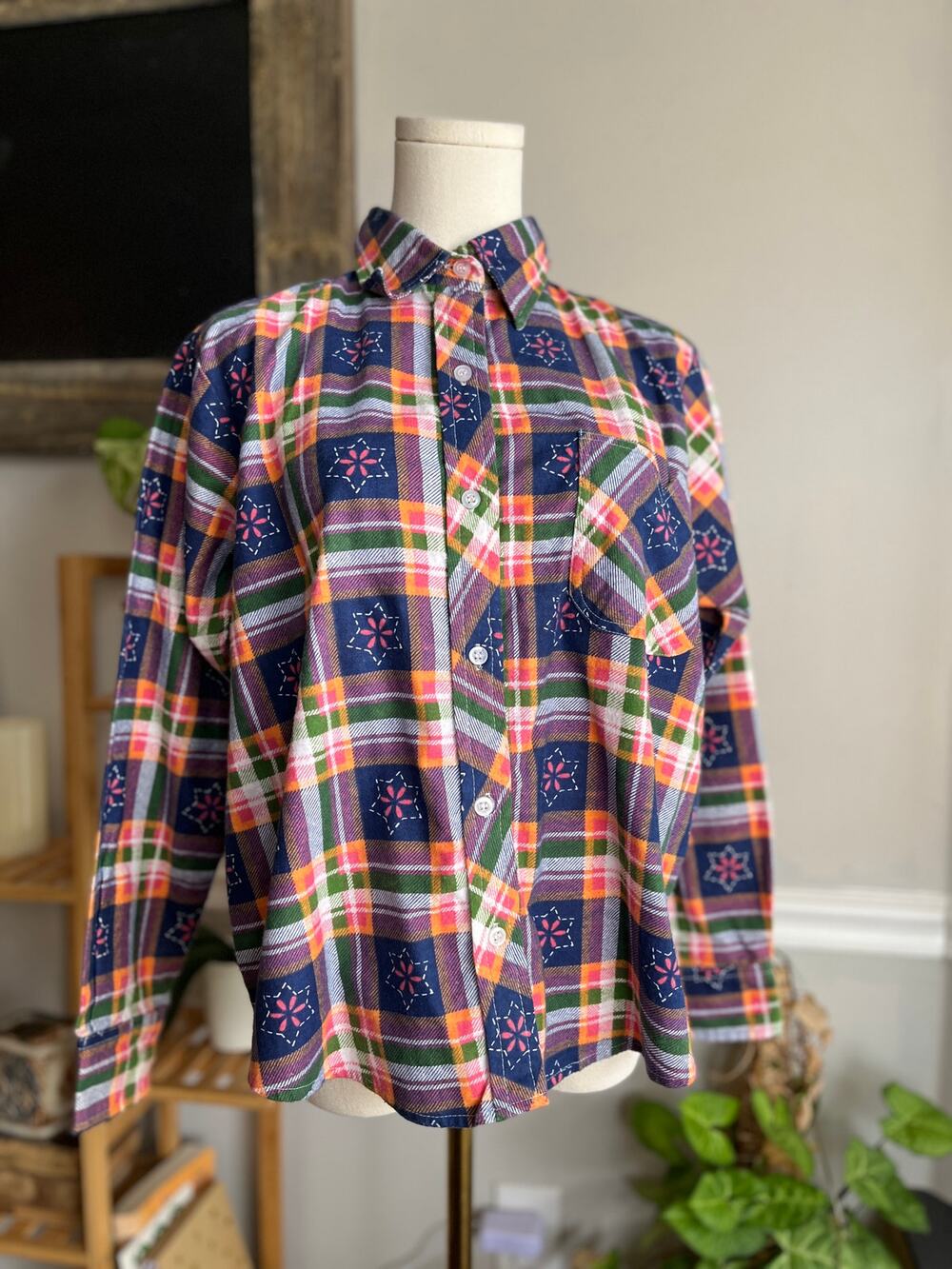 Vintage 90s Plaid Flannel Bright Colorful Stars Western Size Medium